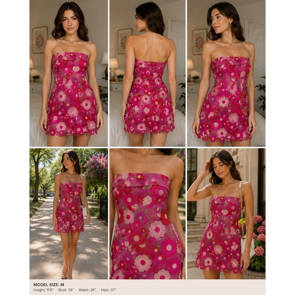 Altar'd State Magenta Pink 3D Floral Embroidered Strapless Mini Dress Size L